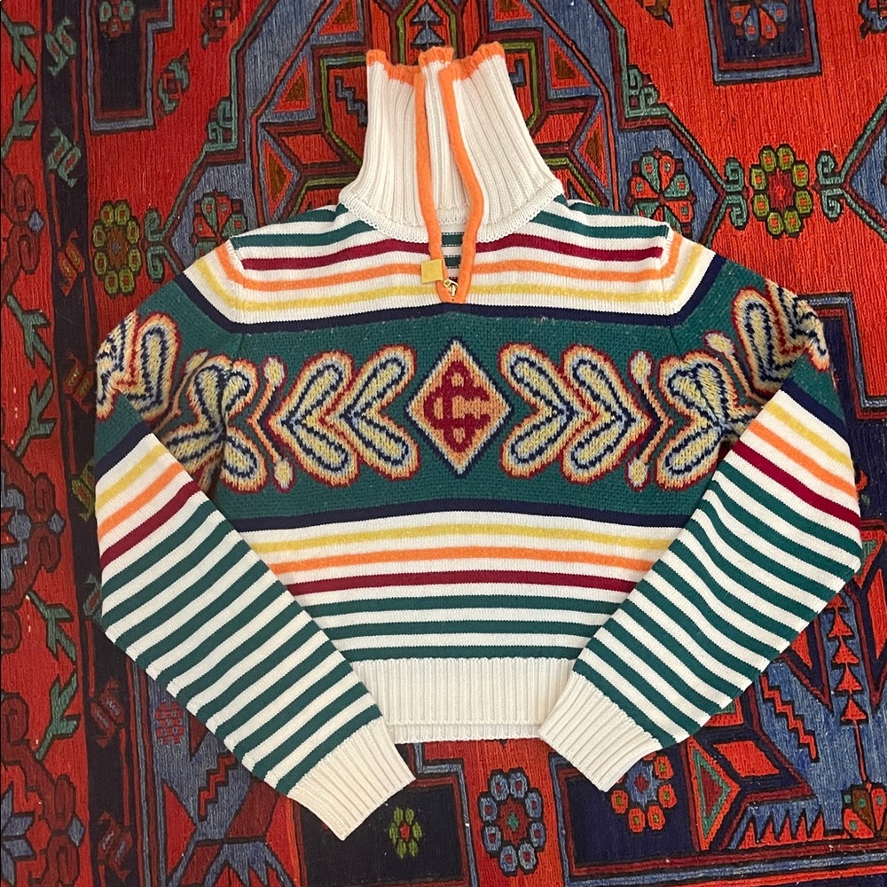 Striped Fair Isle Half-Zip Sweater in Green, Cream & Multicolor